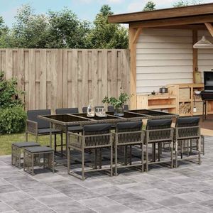 vidaXL - 13-delige - Tuinset - met - kussens - poly - rattan - grijs