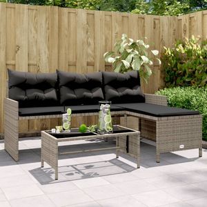vidaXL - Tuinbank - met - tafel - en - kussens - L-vormig - poly - rattan - grijs