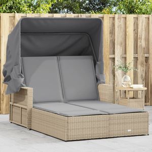 vidaXL Ligbed 2-persoons luifel en kussens poly rattan gemengd beige