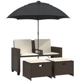 vidaXL - Tuinbank - 2-zits - met - parasol - en - voetenbanken - poly - rattan - bruin