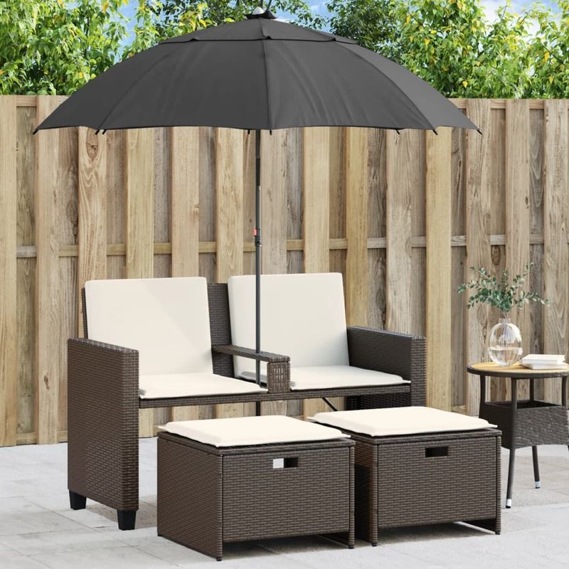 vidaXL - Tuinbank - 2-zits - met - parasol - en - voetenbanken - poly - rattan - bruin