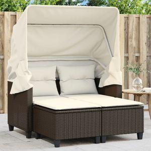vidaXL - Tuinbank - 2-zits - met - luifel - en - voetenbanken - poly - rattan - bruin