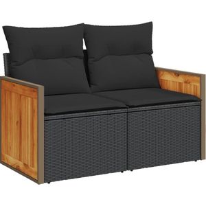 vidaXL Tuinbank 2-zits met kussens poly rattan zwart