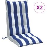 vidaXL Stoelkussens 2 st hoge rug gestreept stof wit en blauw