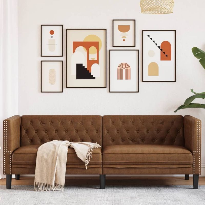 vidaXL - Driezitsbank - Chesterfield-stijl - kunstsuède - bruin