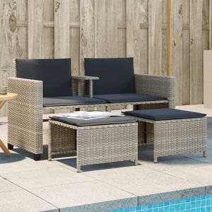 vidaXL - Tuinbank - 2-zits - tafel - en - voetenbanken - poly - rattan - lichtgrijs