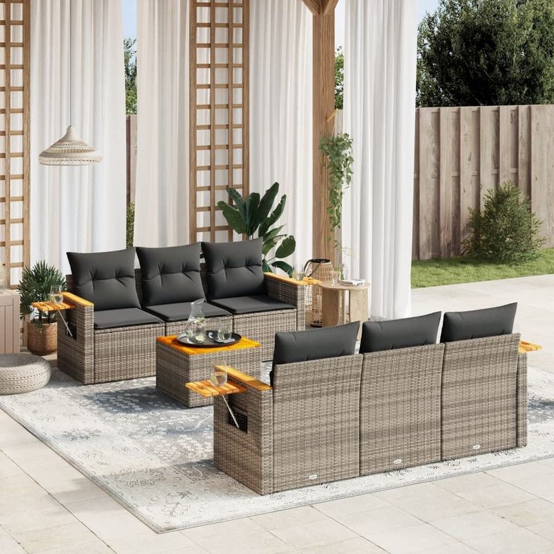 vidaXL - 7-delige - Loungeset - met - kussens - poly - rattan - grijs