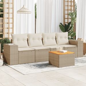 vidaXL - 5-delige - Loungeset - met - kussens - poly - rattan - beige