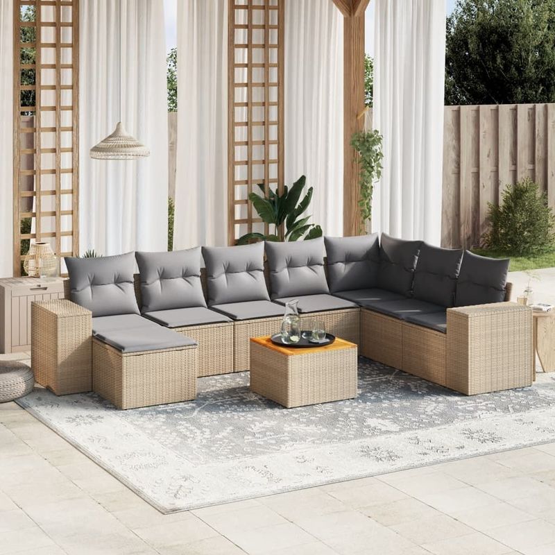 vidaXL - 9-delige - Loungeset - met - kussens - poly - rattan - beige