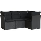 vidaXL 4-delige Loungeset met kussens poly rattan zwart