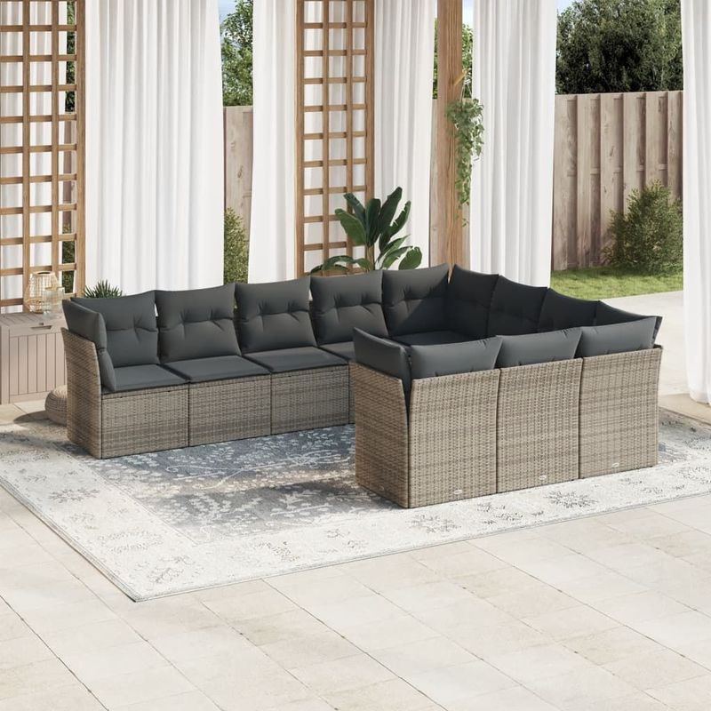 vidaXL - 10-delige - Loungeset - met - kussens - poly - rattan - grijs