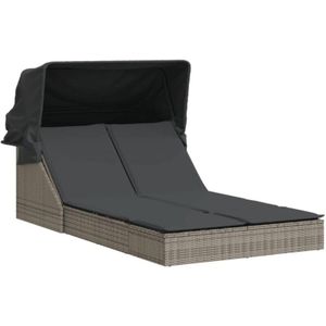 vidaXL - Ligbed - 2-persoons - met - luifel - en - kussens - poly - rattan - grijs