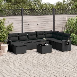 vidaXL Loungeset - Zwart - Poly Rattan - 9-delig met Kussens