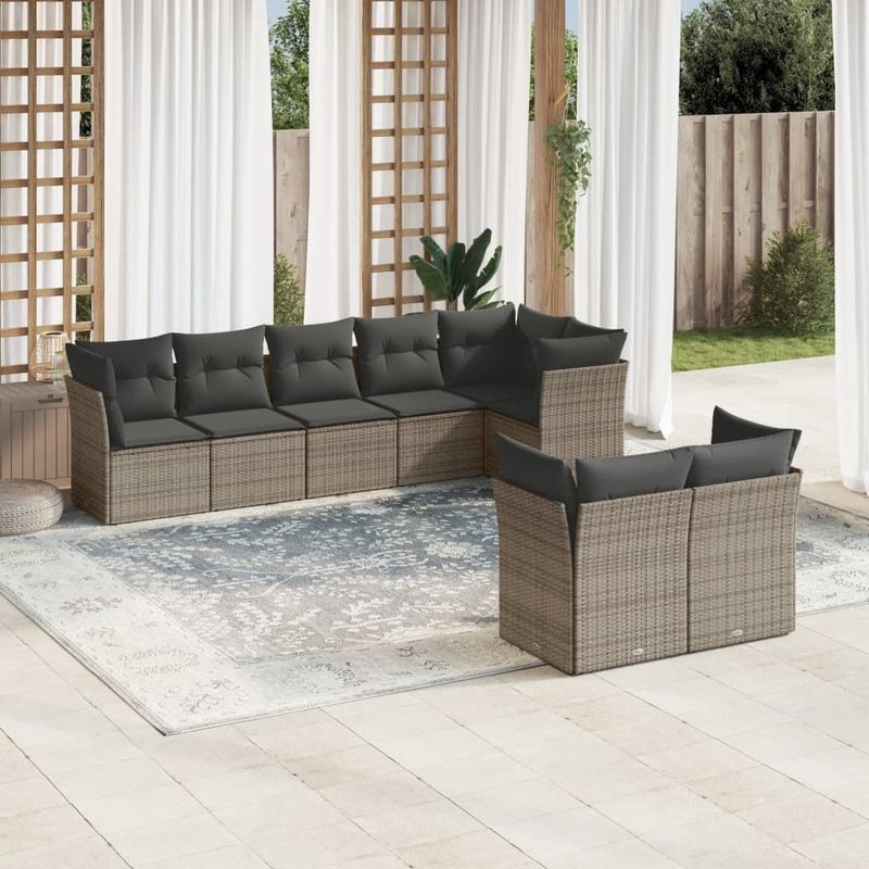 vidaXL - 8-delige - Loungeset - met - kussens - poly - rattan - grijs