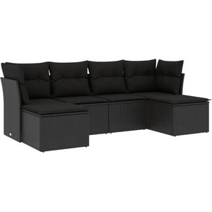 vidaXL 6-delige Loungeset met kussens poly rattan zwart