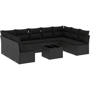 vidaXL 10-delige Loungeset met kussens poly rattan zwart