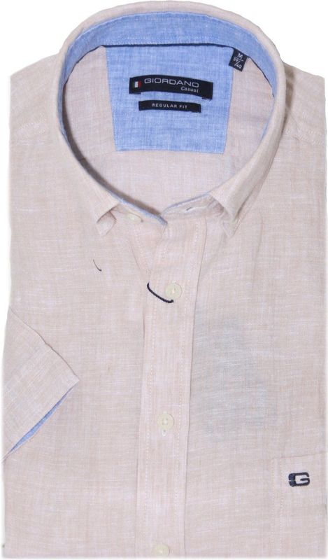 Giordano - Overhemd - Beige - Linnen - Korte Mouw