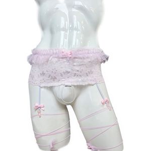 BamBella® - lingerie Lgbtq Maat L/XLSexy Erotische Heren ondergoed slip Roze kant penisring hold up kousen band