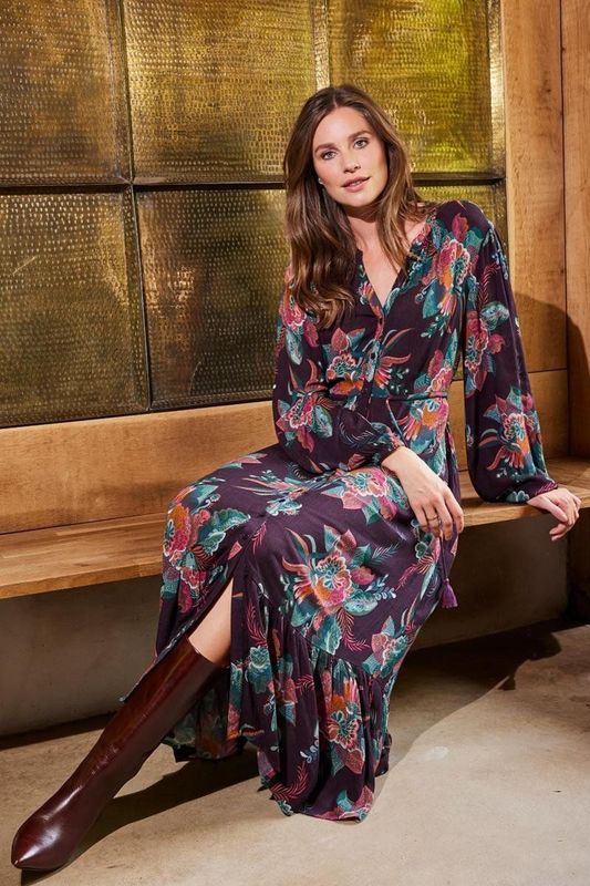 DreiMaster - Jurk - Beige/Bruin - Lange Mouw - Vintage