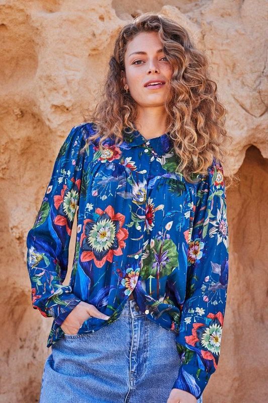 DIDI - Blouse Sable Blue Floral - Blouse - Blau - Lange Mouwen