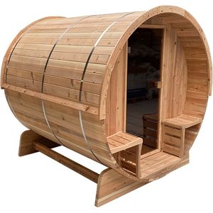Novum Barrelsauna TR170 - Tweepersoons sauna - 170 cm lengte - Rustic Red Cedar - Achterkant volledig hout - Met houtgestookte saunakachel