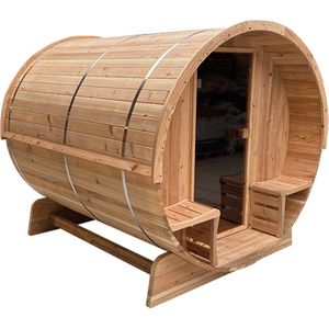 Novum Barrelsauna TR210 - Vierpersoons sauna - 210 cm lengte - Rustic Red Cedar - Achterkant halfglas - Met elektrische saunakachel