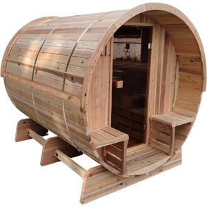 Novum Barrelsauna TR230 - Vierpersoons sauna - 230 cm lengte - Rustic Red Cedar - Achterkant volledig hout - Met houtgestookte saunakachel