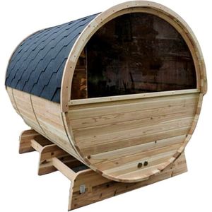 Novum Barrelsauna TR300 - Zespersoons sauna - 300 cm lengte - Rustic Red Cedar - Achterkant halfglas - Met houtgestookte saunakachel