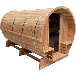 Novum Barrelsauna TR300 - Zespersoons sauna - 300 cm lengte - Rustic Red Cedar - Achterkant volledig hout - Met elektrische saunakachel