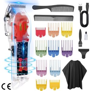 Draadloze Tondeuse voor Heren - Professionele Elektrische Baardtrimmer en Scheerapparaat - Inclusief Kapperscape, 10 Geleidekammen en 2 Haarkammen - Precisie-Haarknipset met Kapperscape voor Perfecte Haarstyling