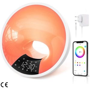 Smart Wake Up Light - Lichtwekker met Zonsopgangsimulatie, Bluetooth Speaker, APP Bediening, 4 Wekker, Snooze, 16 Miljoen Kleuren Nachtlampje, 7 Natuurlijke Tonen, Dimbaar, USB Aansluiting, Radio - Wit