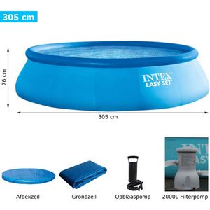 Intex® Zwembad Met Pomp 305cm - Opblaasbaar Bad + Filterpomp + Opblaaspomp + Afdekzeil + Grondzeil - Opblaasbaar Zwembad - Rond