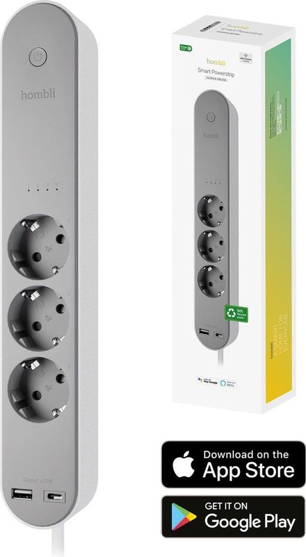 Hombli - Slimme Stekkerdoos - 3-Voudig - 1x USB 1x USB-C met Schakelaar - 1.5m Snoer