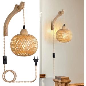 Muurlamp van Hout - Wandlampen binnen Woonkamer - Bamboe Lantaarn - Wandlamp Met Stekker