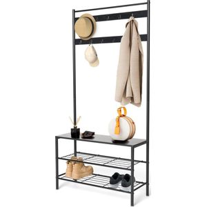 Brixy Kapstok - Staande Kapstok - Garderoberek - Kapstok Met Schoenenrek - Incl. Zitbank - 85x32x175CM - 11 Haken - Zwart