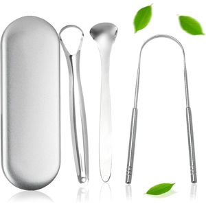 Hygiënische Tongschraper - Tongreiniger - Van RVS - 3 Instrumenten Inclusief Opbergdoos - Bevordert Gezondheid
