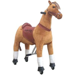 PonyRide Rijdend Speelgoed Paard - Hobbelpaard - 74x29x79 cm - 3-6 Jaar - Inclusief Inline Skate Wieltjes en leder zitje - Bruin