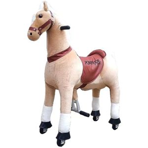 PonyRide Rijdend Speelgoed Paard - Hobbelpaard - 85x33x105 cm - 4-10 Jaar - Inclusief Inline Skate Wieltjes en leder zitje - licht Bruin