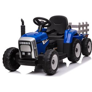 Elektrische kinderauto - Tractor elektrisch 12V + trailer, elektrische kinder tractor (Blauw)