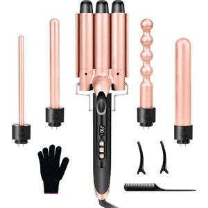 5-in-1 Krultang - Wafeltang - Waver - Golvenkrultang - Verstelbare Temperatuur - Krultang met Digitale Weergave - Keramisch - Roze
