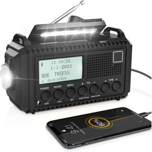 Noodradio - 5000mAh Digitale Wind-up en Zonne-energie Radio - DAB+/DAB/FM - LCD-Scherm, Handcran, USB-Poort, Hoofdtelefoonaansluiting, Zaklamp, Leeslamp, SOS, Radio Mono/Stereo voor Kamperen en Wandelen - Zwart