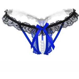 Erotische Lingerie Slipje I Sexy Slipje Met Parels I Sexy String I Open Kruis I Erotisch Ondergoed I Blauw/Zwart