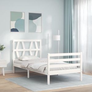 The Living Store Bedframe met hoofdbord massief hout wit - Massief Hout Bed Frame - Wit Bed Frame - Rustic Bed Frame - Grenenhout Bed Frame - Enkel Bed