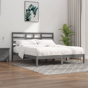 The Living Store Houten Bedframe - Grijs - 205.5 x 206 x 104 cm - Massief Grenenhout - Multiplex Lattenbodem