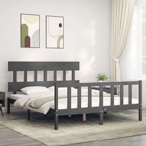 The Living Store Massivholzbett mit Kopfteil Grau - Holzbett - Kiefernholzbett - Massives Holzbett - Doppelbett - Boxspringbetten