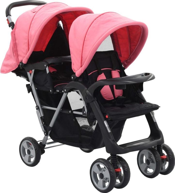 The Living Store Dubbele Kinderwagen - Staal - Oxford Stof - 122.5x53.5x111 cm (LxBxH)