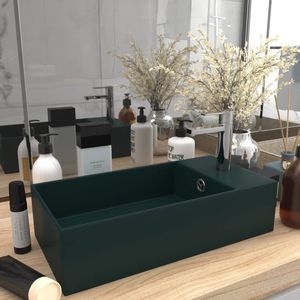 The Living Store Wastafel met overloop keramiek donkergroen - Badkamer Wastafel - Keramiek Wastafel - Donkere Wastafel - Rond Wastafel - Wastafel Met Overloop