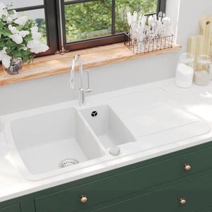 The Living Store Gootsteen dubbele bakken graniet wit - Granieten Gootsteen - Dubbel Compartiment - Keukenspuit - Gootsteen Kopen - Keukenrenovatie