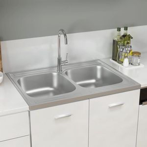 The Living Store Gootsteen met dubbele bak 800x600x155 mm roestvrij staal zilver - Keuken Spoelbak - Dubbel Compartiment - Inox - Stainless Steel - Gootsteen