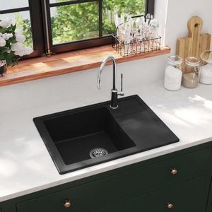 The Living Store Granieten Keukenspoelbak - Enkele Bak - Extra Diep - Hittebestendig - Kras- en Slagvast - Zwart - 580x440x164mm